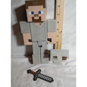 Minecraft Steve Large Action Figure with Iron Armor and Stone Sword 8.5 Inch